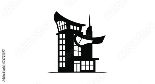 Modern architectural silhouette of a unique building with curved rooflines and multiple windows against a white background