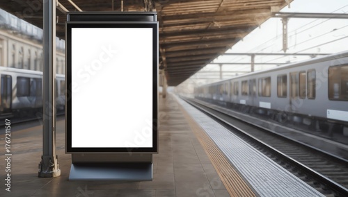 Blank billboard poster stand mock up on platform of raillway station