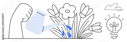 Hand pouring water over blooming flowers with blue drops, nearby light bulb, cloud. Ideal for growth, creativity, sustainability, care, innovation nurturing environment. A simple flat metaphor