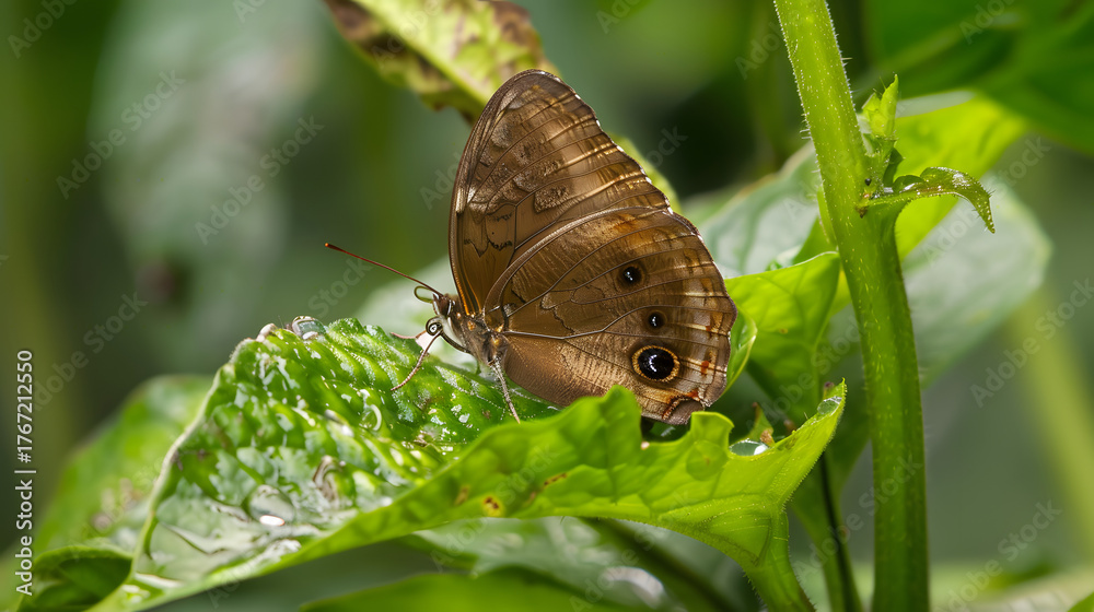 Fototapeta premium Butterfly perched on green leaf