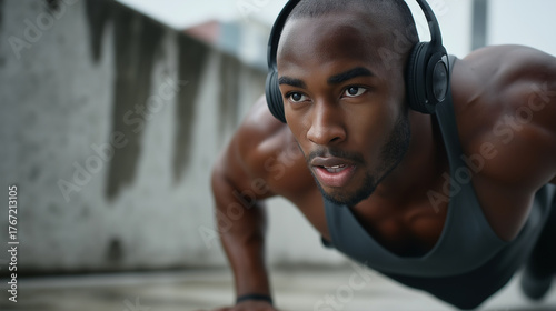 Determined young man exercising outdoors doing push-ups while wearing headphones, showing focus, strength, endurance, and motivation in a fitness training routine.