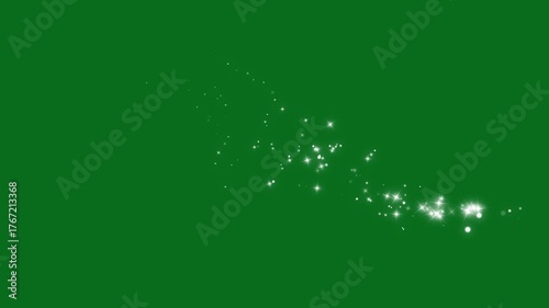 Glowing glitter trail animation, twinkling magic dust, fairy sparkle stars, shimmer particles motion, star line path, green background, seamless 4k.
