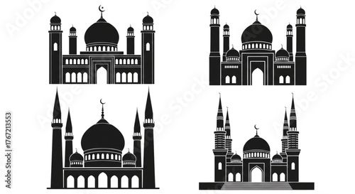 Black Silhouette Mosque Icons Set Islamic Architecture for Religion Web Design