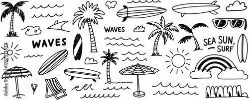 Tropical beach vacation doodle Bundle summer surf