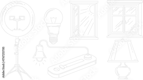 Illuminating Elements: A collection of various lighting elements, showcasing a bright lightbulb, window and light stand.