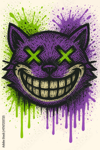 Psycho Cat Graffiti Mascot — Neon Green & Purple Drip Illustration