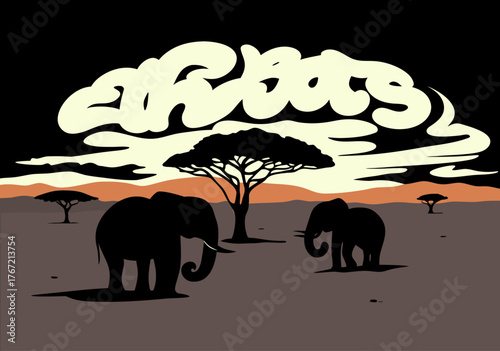 African Elephants Silhouette at Dramatic Sunset Sky in Savanna