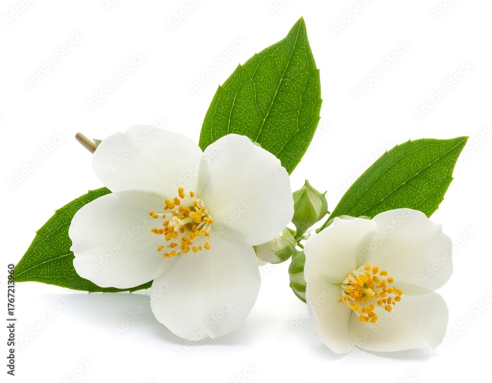 Obraz premium Close-up shot of white flowers, stamens, and green leaves on a white backdrop