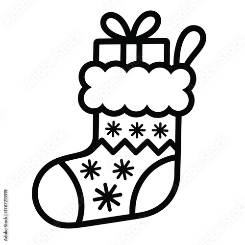 Festive Christmas Stocking Icon filled with Gifts and Decorated with Snowflakes ready for the Holiday Season Vector Illustration