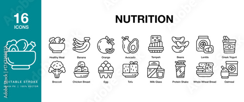 Nutrition icon set. Includes nutrition, diet, healthy, food, meal, calorie and More. Editable Stroke Icon Collection.