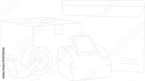 Shipping Essentials: Streamlined illustration showcasing packaging necessities – a cardboard box, an envelope, a tape dispenser and a label printer, ready for your mailing needs.