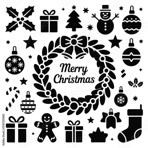 Festive Christmas Vector Icon Set with Wreath and Decorations for Holiday Design Projects and Celebrations Representing Traditional Winter Season