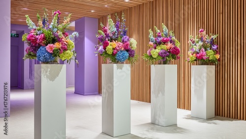 Elaborate floral arrangements displayed on tall stands inside a modern building.