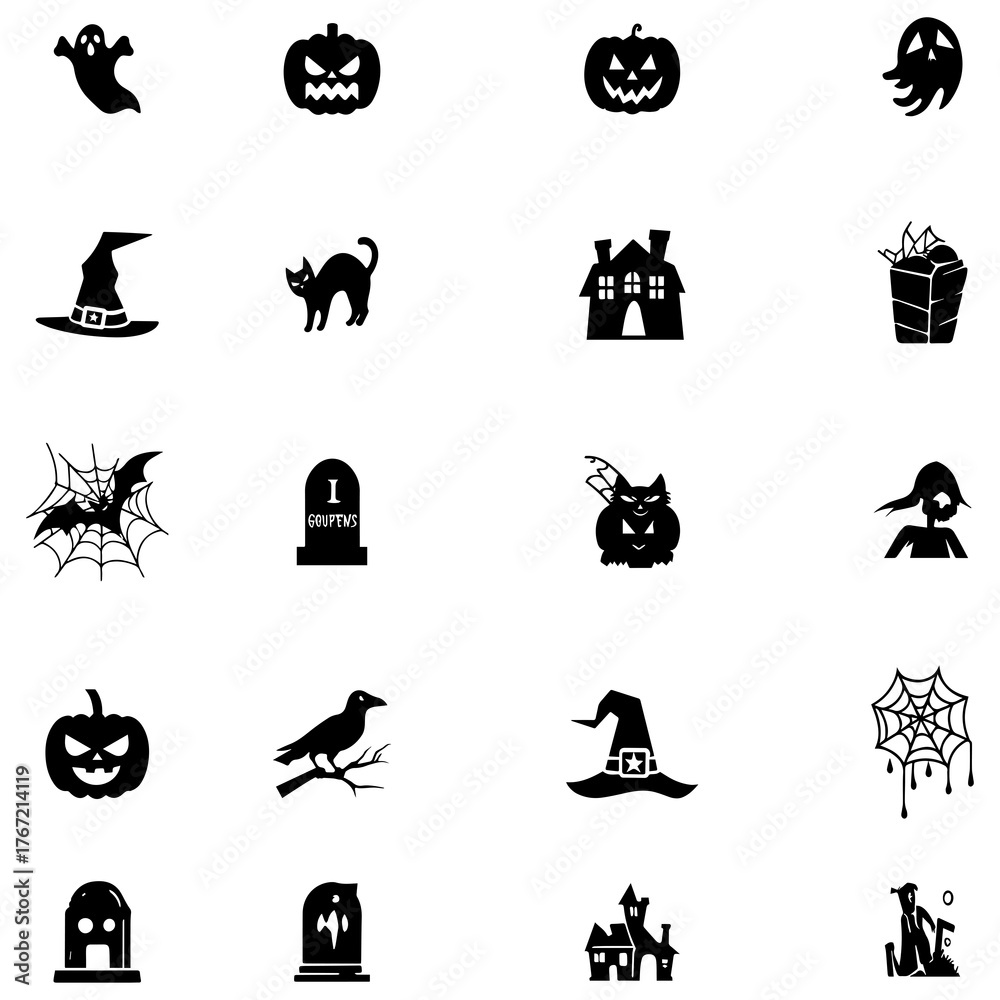 Obraz premium Halloween icon set with black vector symbols and holiday illustrations.