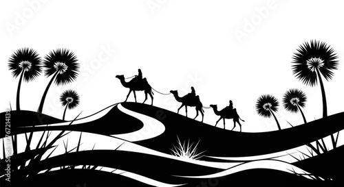 Silhouette Camel Caravan Journey Across Desert Dunes with Oasis Plants Travel Adventure