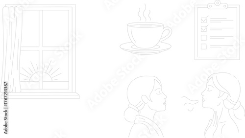 Wellness Ritual Illustration: A delicate illustration depicting elements of a mindful daily routine, featuring sunlight, a warm beverage, a checklist, and a woman practicing breathwork.