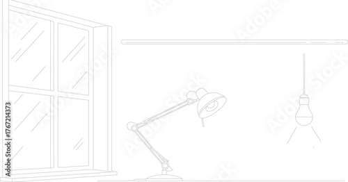 Minimalist Interior: A simple line drawing of a room interior showcases the interplay of light and shadow, featuring a desk lamp and window. The ambiance of simple lines and angles. 
