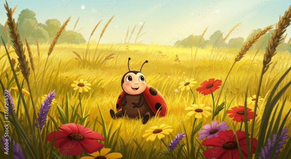 Obraz premium Cartoon ladybug sitting in a field of colorful flowers and grass
