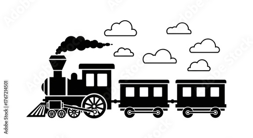 Vintage Steam Train Silhouette Moving Forward with Smoke for Travel Adventure Kids Education Design