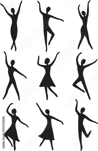 Collection of stylized female figures with diverse poses and outfits for fashion design and illustration