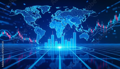 Futuristic 3D finance illustration showing glowing holographic charts and global data