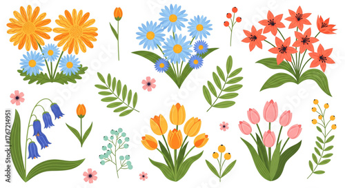 Spring Flower Bouquet Collection for Gardening Web Design Seasonal Greeting Card Decoration