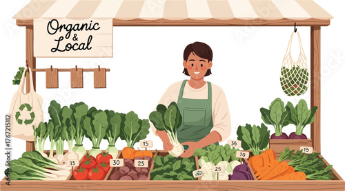 Friendly vendor at organic farm stand with fresh produce and sustainable tote bag promoting healthy eating