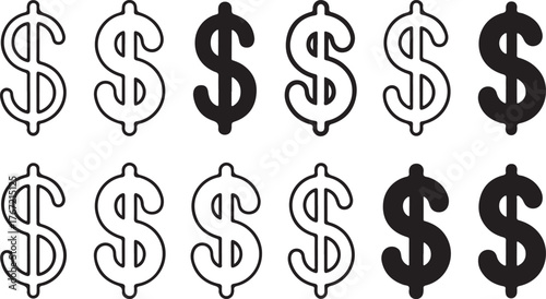 Set of Dollar Sign Icons - Outline and Solid Currency Symbol Vector