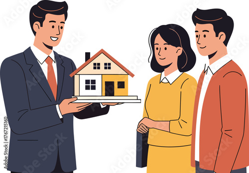 Excited young couple meets with real estate agent to purchase their first home together now for bright future