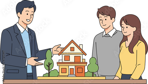Real estate agent showcasing modern home design to young couple ready to buy their dream home today