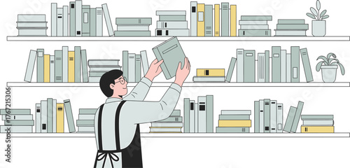 Young student organizing books on shelves in library, selecting literature, studying knowledge, bookworm lifestyle