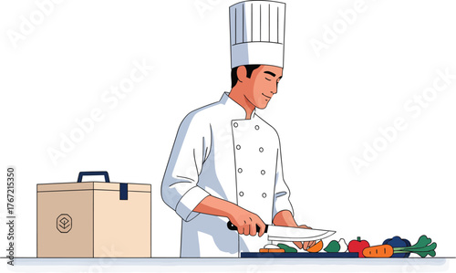 Chef preparing fresh vegetables with knife for vibrant cuisine, ready to serve in trendy takeout box