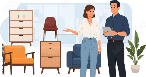 Interior designer presenting furniture options with tablet, stylish modern home decor concept, curated living spaces