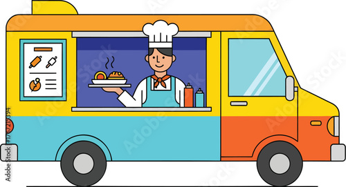 Cheerful chef serving delicious meals from vibrant food truck, perfect for foodies and street food events