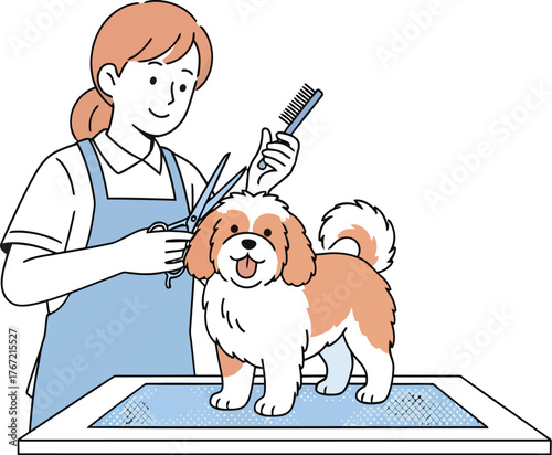 Happy dog getting groomed by a kind stylist at salon ready for perfect makeover session filled with love