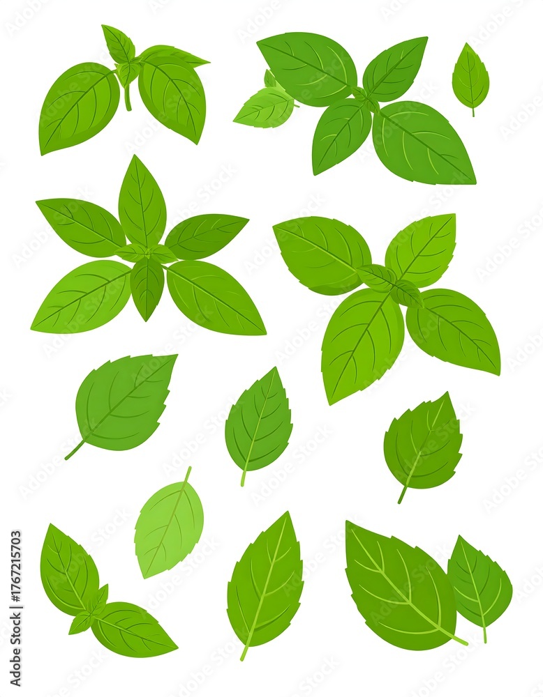 Fototapeta premium Cartoon illustration of fresh green basil leaves, isolated on white