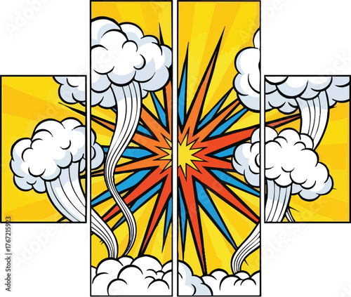 Vibrant comic book style explosion with billowing smoke clouds.