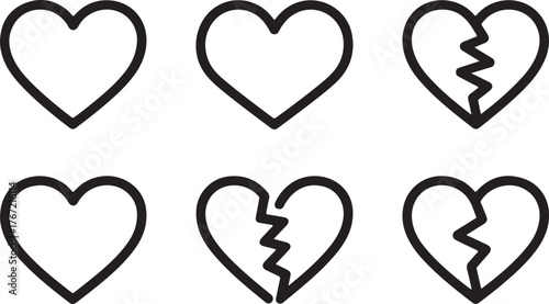 Set of Heart and Broken Heart Outline Icons - Love and Relationship Vector