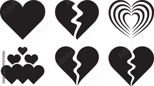 Set of Heart Icons - Love, Broken, and Concentric Silhouette Vector