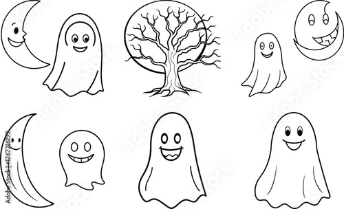 Scary Witch Face and Moon Halloween Doodle Collection