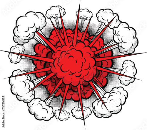 Dynamic Red Explosion with White Smoke Comic Book Style.