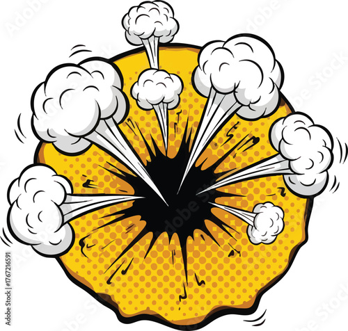 Cartoon Explosion with Smoke Clouds and Radial Burst.