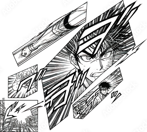 Intense Manga Action Scene with Determined Character and Dynamic Panels.