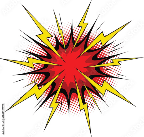 Dynamic Comic Book Explosion with Lightning Bolts and Halftone Dots.