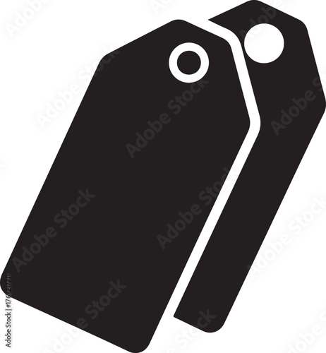Vector art of two overlapping black price tags or labels, representing shopping and retail icon on
