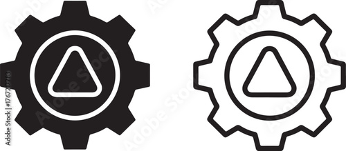 Vector art of two gears, one solid black and one outlined in black, each with a triangle inside a circle, icon on