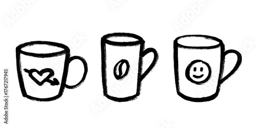 Set of cute hand drawn cup of tea or coffee Simple mug clipart Cozy home doodle Single element for design