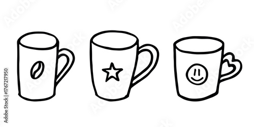 Set of cute hand drawn cup of tea or coffee Simple mug clipart Cozy home doodle Single element for design