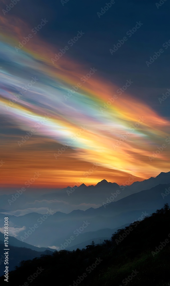 Fototapeta premium Breathtaking Sunset Over Mountains with Colorful Clouds and Soft Light Display