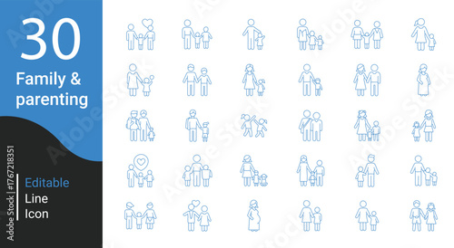Collection of 30 simple line art icons representing family and parenting concepts